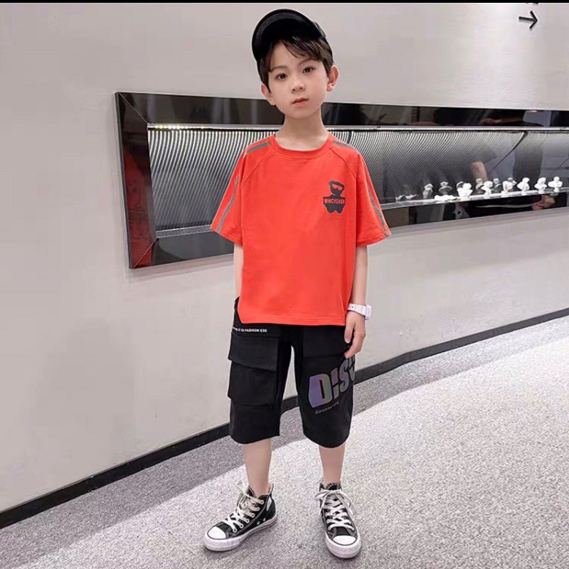 Bộ đồ bé trai Con xinh cotton phản quang tay raplan Gấu Wheychen set quần áo trẻ em từ 5 đến 14 tuổi