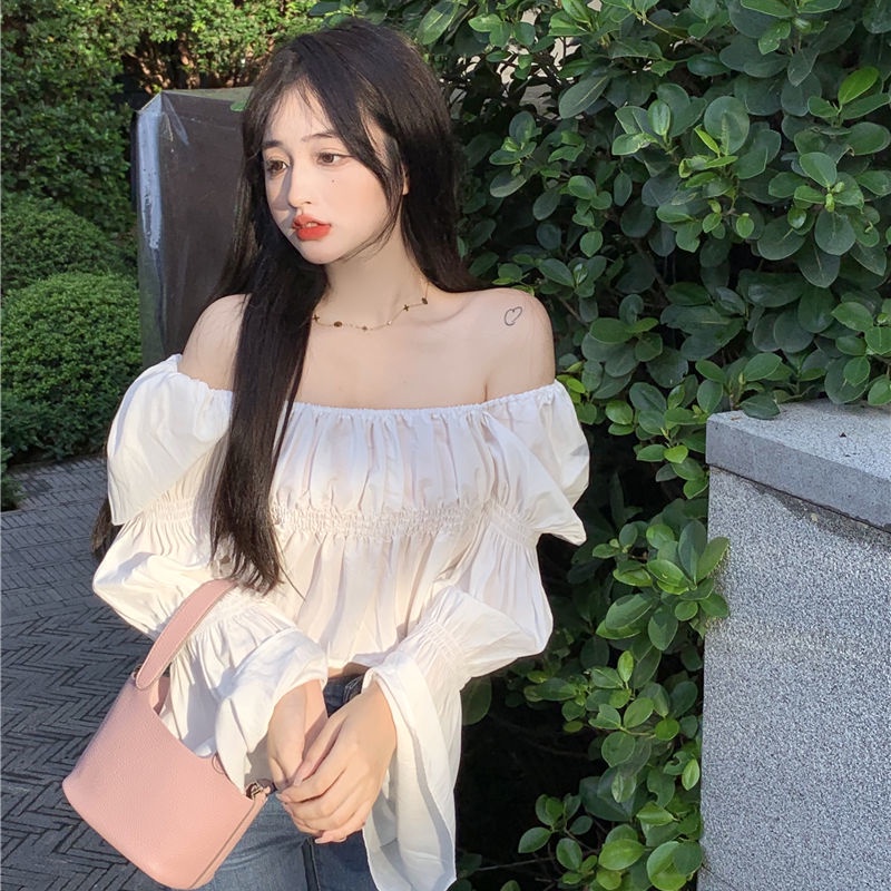 Áo kiểu COZOKC dài tay trễ vai phối bèo thời trang quyến rũ cho nữ