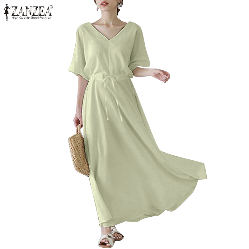 ZANZEA Women's Casual Waist Drawstring V-Neck Solid Color Short Sleeve Dress | BigBuy360 - bigbuy360.vn