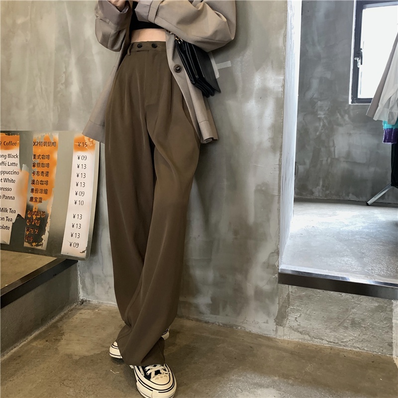 SUXI Quần Dài Lưng Cao Ống Rộng Phong Cách Vintage Hàn Quốc