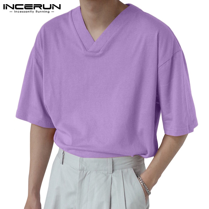 Áo thun nam INCERUN dáng thụng màu trơn tay ngắn cổ V thời trang thường ngày