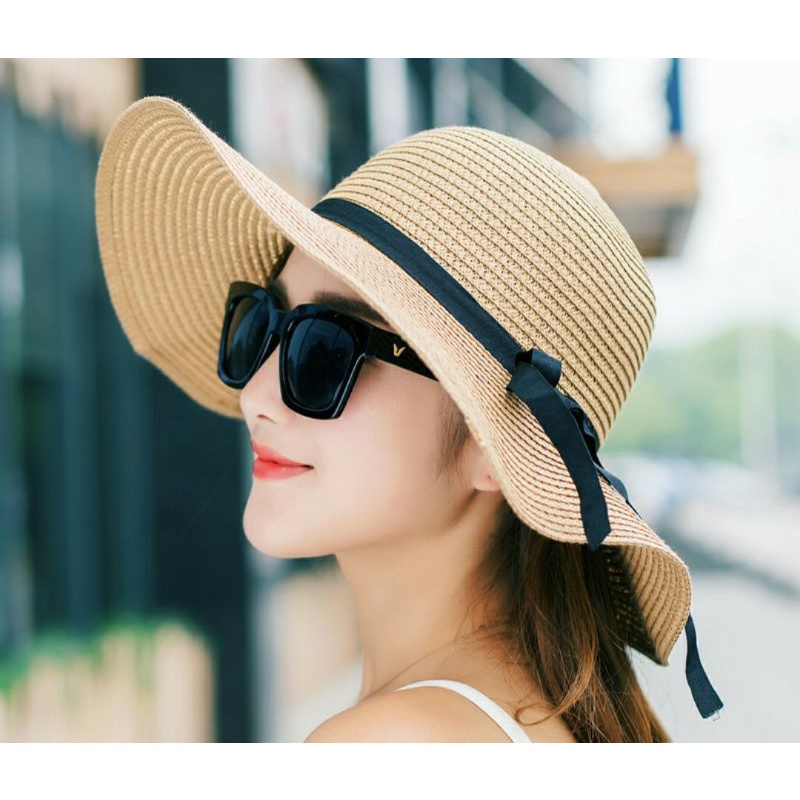 Mũ đi biển cói nón rộng vành chống nắng UV phối dây đen