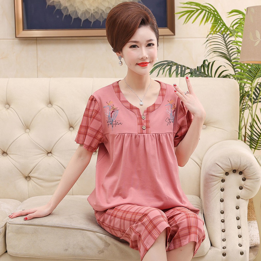 Bộ đồ ngủ bà mẹ trung niên cotton mùa hè Quần cắt ngắn tay dành cho người và cao tuổi gầy cộng với size phù hợp