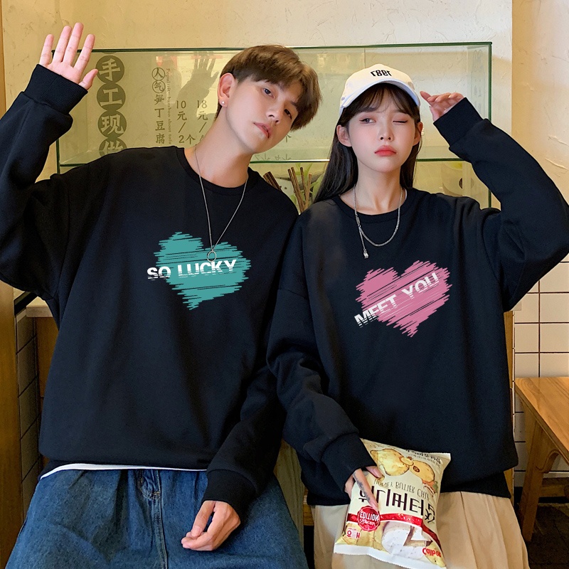 Áo đôi trái tim Miss You - So Lucky form rộng Unisex, áo đôi Sweater nỉ bông dày ấm áp
