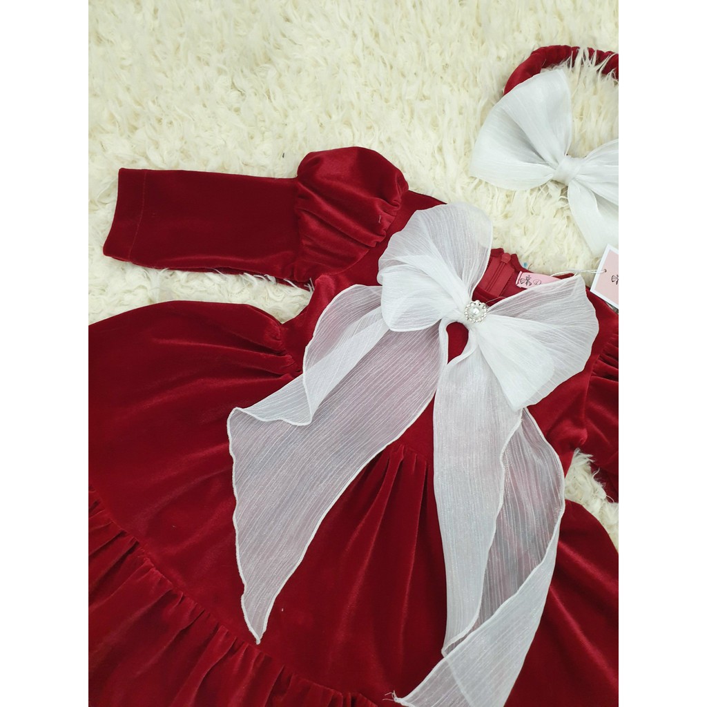 Đầm bé gái ⚡ 𝗙𝗥𝗘𝗘𝗦𝗛𝗜𝗣 ⚡ Hàng thiết kế thu đông - Chất liệu nhung đỏ cao cấp - TẶNG KÈM TURBAN