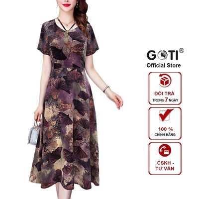 GOTI - Đầm Trung Niên Dáng Dài Kiểu Dự Tiệc Cao Cấp Vải Lụa Mềm Mịn Tay Ngắn U40 U50 3349 3330 3340