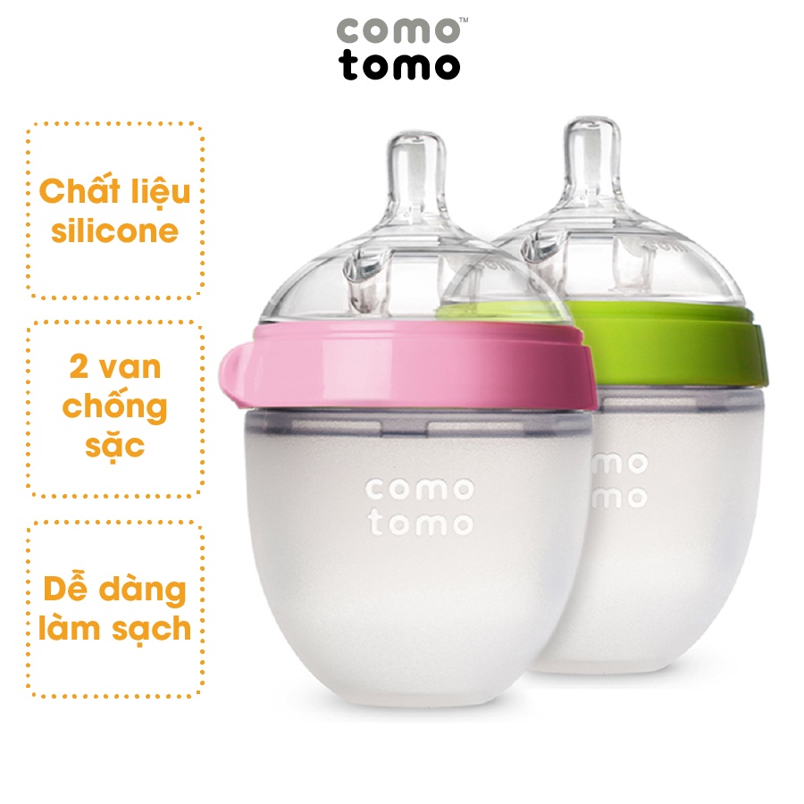 Bình sữa Comotomo Mỹ 150ml chất liệu silicone cao cấp, mềm mại như ti mẹ màu xanh, hồng