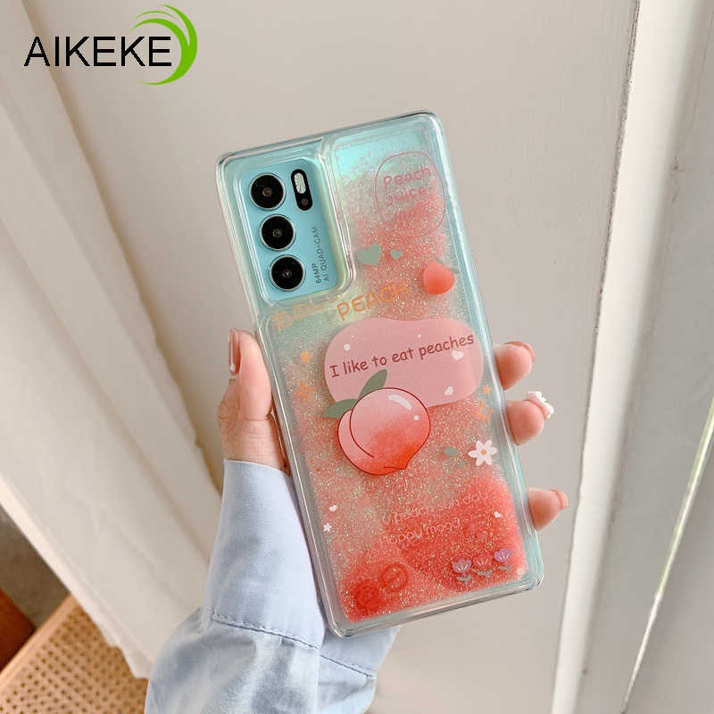 Ốp điện thoại kim tuyến nước họa tiết quả đào/chanh cho OPPO Reno 6 5 4 3 Pro SE 5G R17 R15X K1 R11 R11S R15 F11 Pro