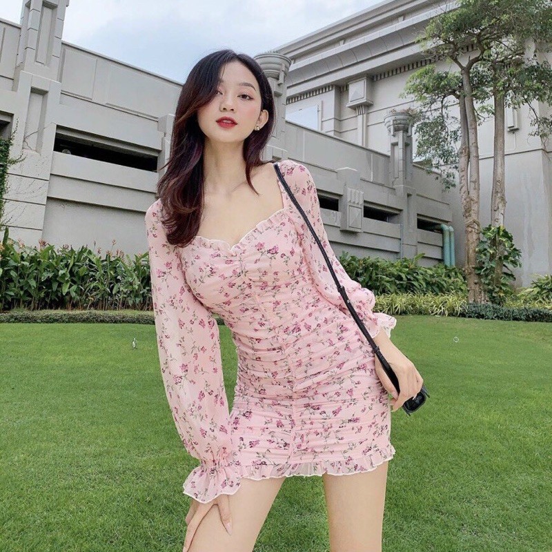 Đầm hoa hồng nhún thân chân bèo tay dài 2 lớp có lót trong dày dặn siêu xinh