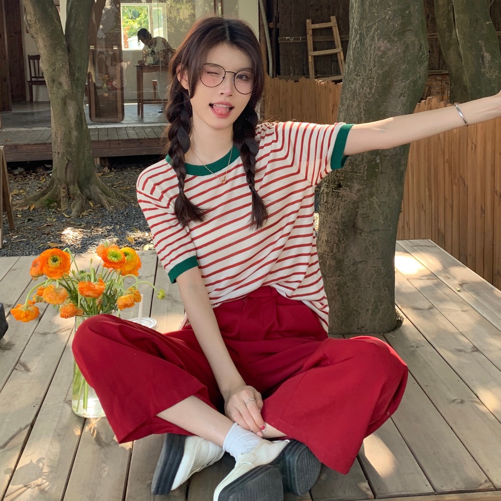 Áo ZHELIHANGFEI vải dệt kim ngắn tay họa tiết kẻ sọc ngọt ngào