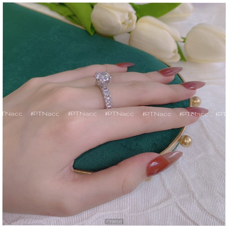 Nhẫn xi bạch kim, nhẫn nữ hột cao nhỏ nhắn đơn giản đính đá sáng đẹp .PTNACC.