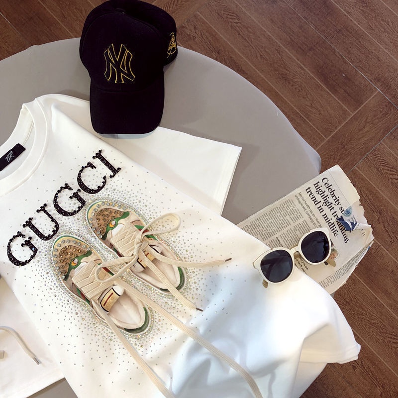 Áo thun cotton ngắn tay đính đá phong cách châu Âu dành cho nữ