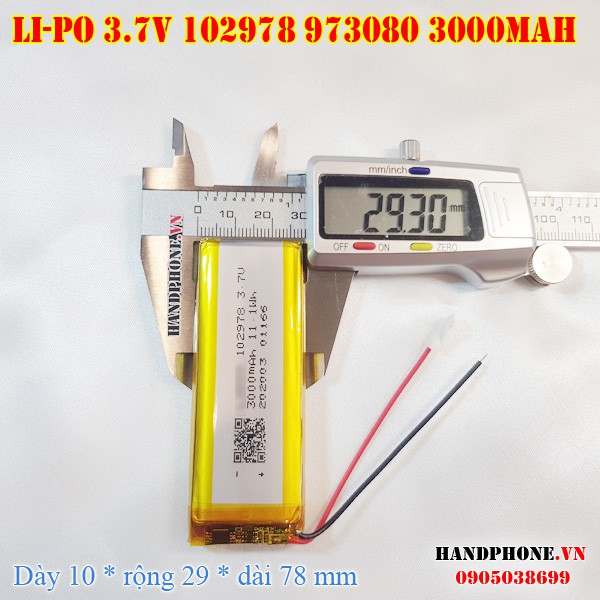 Pin Li-Po 3.7V 3000mAh 102978 103080 973080 (Lithium Polymer) cho điện thoại, loa Bluetooth, định vị GPS, máy ghi âm