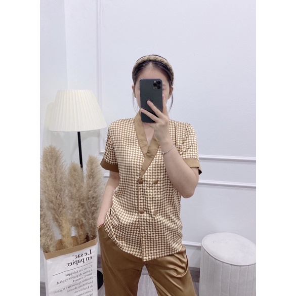 Set vest kẻ nâu