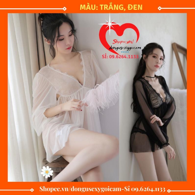 Đầm ngủ gợi cảm sexy xuyên thấu kiểu dài tay sang chảnh (Hở lưng, TAY PHỒNG DÀI) có hai màu đen trắng tôn da  ྇