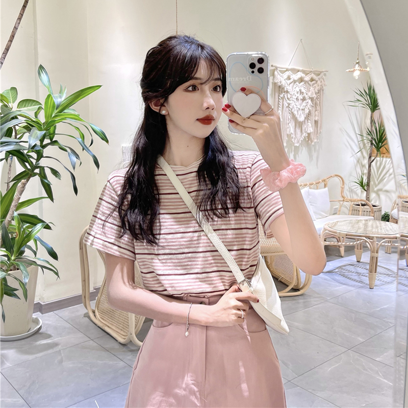 Áo thun tay ngắn cổ tròn dáng rộng in họa tiết sọc ngang rộng dễ phối đồ thời trang mùa hè 2021 dành cho bạn nữ