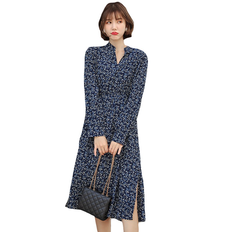 Korean Vintage Long Sleeve Casual Dresses Women Spring Summer Print V Neck Midi Dress Blue | BigBuy360 - bigbuy360.vn