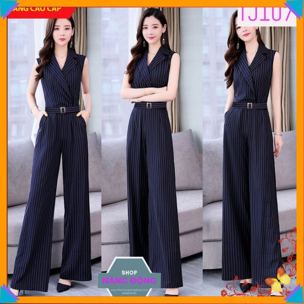 Jumpsuit 🌸FREESHIP🌸 Jum dài kẽ sọc cổ vest thắt lưng kèm belt như hình TJ1070