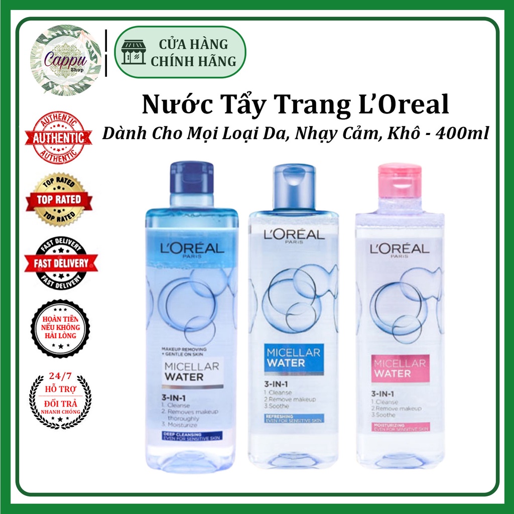 Nước Tẩy Trang Loreal [FREE SHIP] 400ml - L'Oreal Paris 3-in-1 Micellar Wate