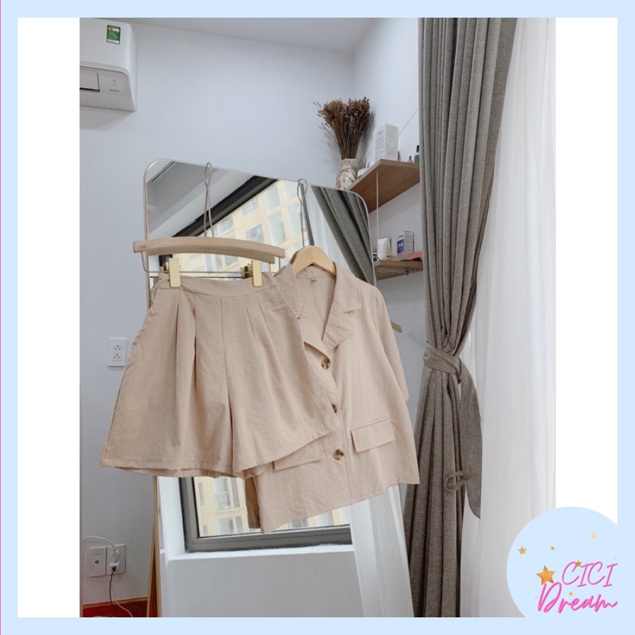Set bộ áo vest nữ cộc tay, quần đùi chất đũi, Set bộ áo sơ mi cổ vest nữ ngắn tay đũi cúc gỗ phối quần đùi | BigBuy360 - bigbuy360.vn