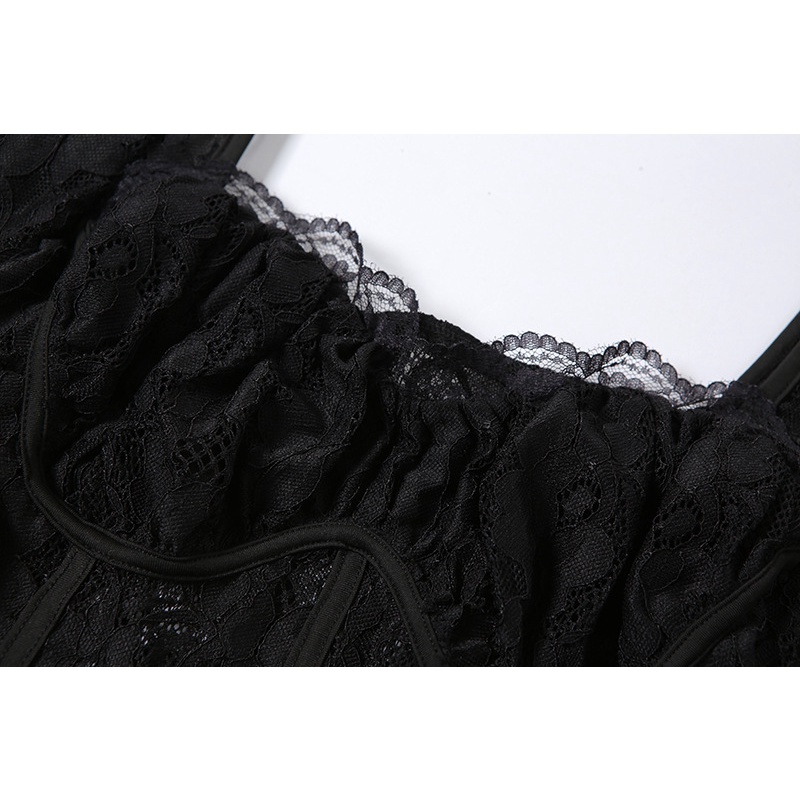 Đầm Tay Lửng Cổ Vuông Phối Ren Xuyên Thấu Xẻ Tà Quyến Rũ Cho Nữ