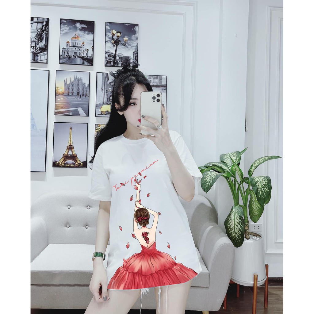 Áo Thun Tay Lỡ Cô Gái Váy Đỏ CAMNHUNG Áo Thun Nam Nữ Unisex Hot Hit