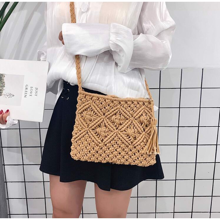 [NowShip - Giao Ngay] Túi Cói Boho Vintage Đeo Vai, Đeo Chéo Hình Vuông Chữ Nhật Dây Da Màu Nâu Be Trơn