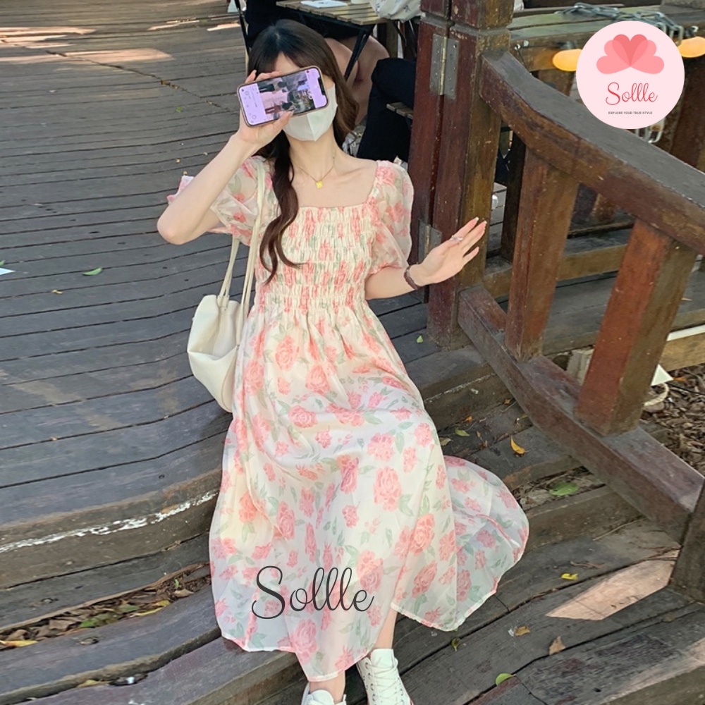 Đầm váy babydoll hoa hồng chun ngực tay bồng mặc 2 kiểu trễ vai cổ vuông Hàn Quốc Sollle