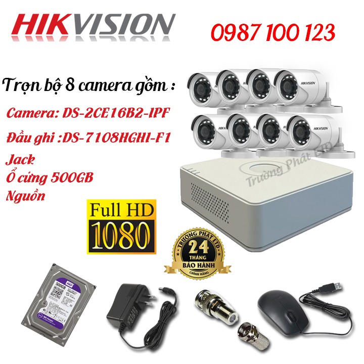 Trọn Bộ (2-8) Camera 2MP HIKVISION Vỏ Nhựa DS-2CE16B2-IPF, Hồng Ngoại 20m, Đầy Đủ Phụ Kiện - Hàng Chính Hãng