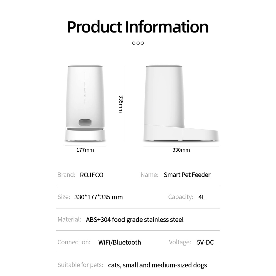 Máy cho ăn tự động ROJECO 4L kết nối wifi điều khiển từ xa thông minh cho thú cưng