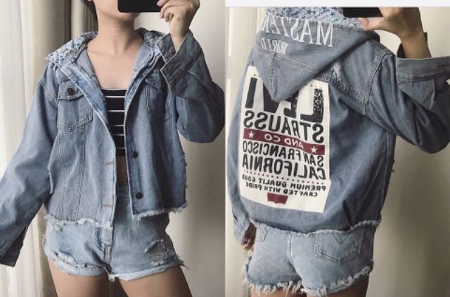 [Size S,M] Áo khoác jeans Levi có nón màu xanh nhạt