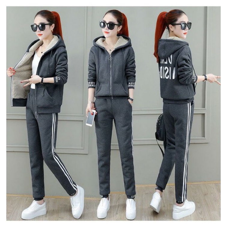 Bộ đồ nỉ thể thao nữ lót lông dài tay siêu ấm, siêu đẹp - Bộ áo khoác lót lông có mũ Mie Official Store