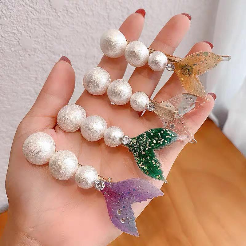 [Hot Trend] Kẹp tóc đuôi tiên cá gắn hạt trai nhân tạo lấp lánh kim tuyến phong cách Hàn Quốc dễ thương cho bé