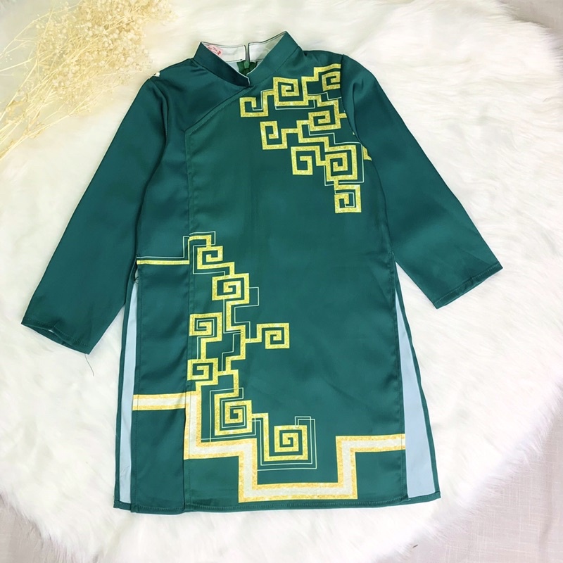 Set áo dài gia đình xanh phúc lộc áo dài gia đình cách tân nam nữ bé trai bé gái size nhỡ và bigsize mẫu áo dài tết 2022