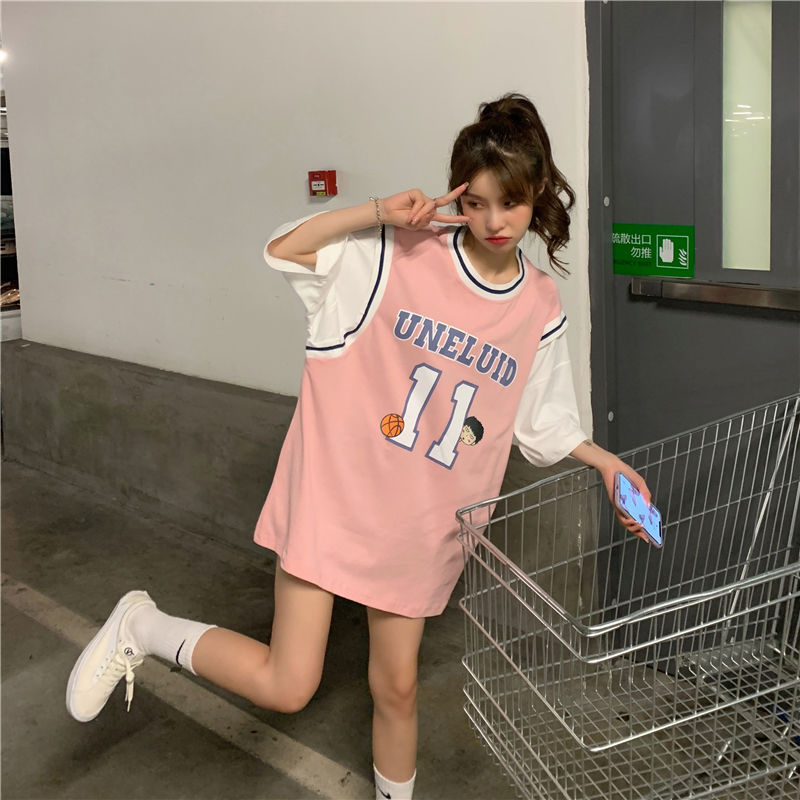 2022 Fake two-piece basketball uniform T-shirt women's  new Korean version loose mid-length jersey short-sleeved ins