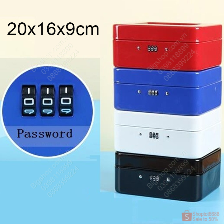(Shoptot) Hộp sắt dùng khóa số, dùng để tiền, đồ trang sức, đồ cá nhân rất an toàn, loại 20x16x9cm