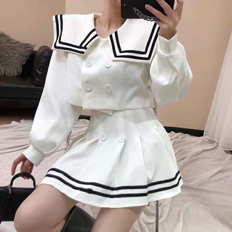 Set chan vay⚡Bán Lỗ⚡áo cổ viền kèm chân váy có viền màu trắng dài tay chấy liệu cotton[ v04] | BigBuy360 - bigbuy360.vn