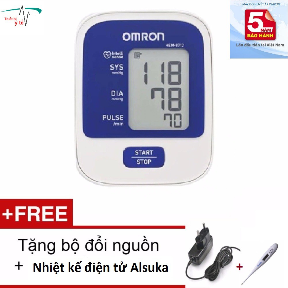 Máy Đo Huyết Áp Bắp Tay Omron Hem 8712 + Bộ Đổi nguồn và Nhiệt kế gia đình Alsuka (BH 5 năm)