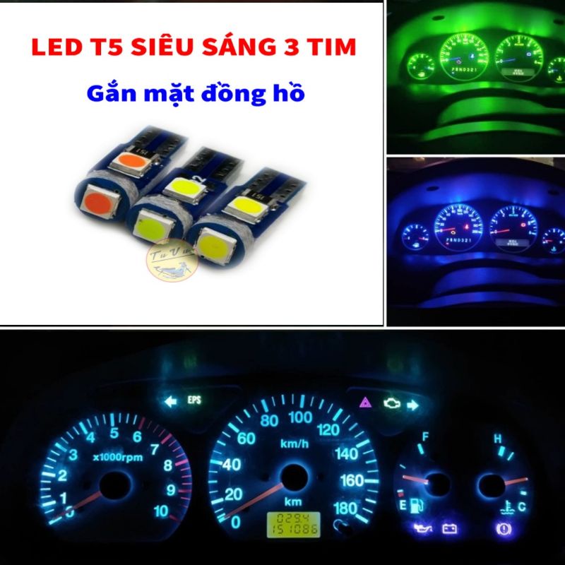 Đèn Led T5 Siêu Sáng 3 Tim gắn mặt đồng hồ xe máy, đủ màu sắc