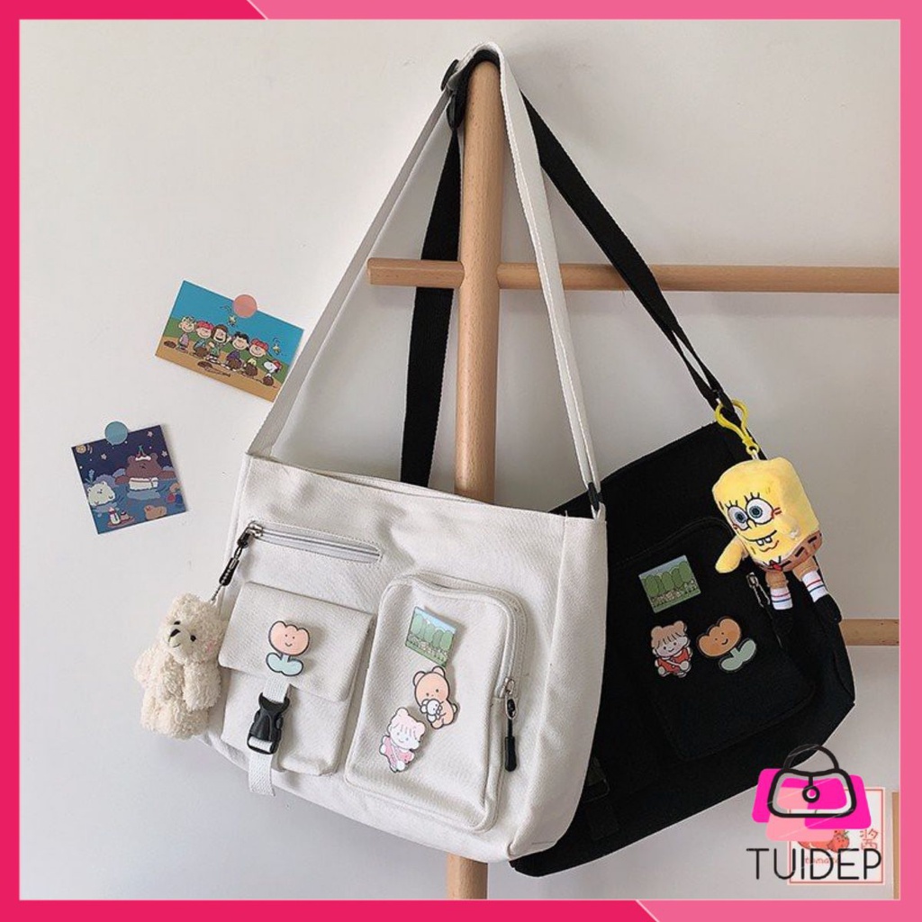 TÚI ĐI HỌC DÀY DẶN Túi Vải Canvas đeo chéo size to chất vải đẹp 2 màu đen trắng - túi bao tử không nắp