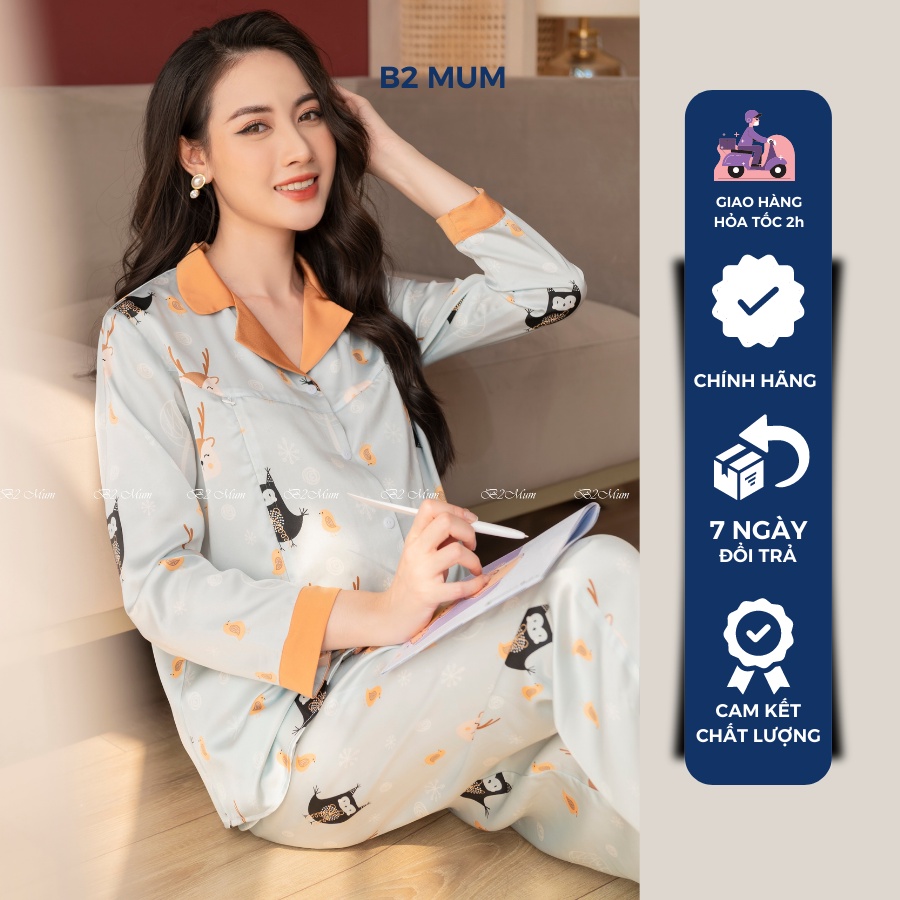 B308 Đồ bộ bầu và sau sinh Lụa pháp cao cấp Phối Cổ quần có chun chỉnh