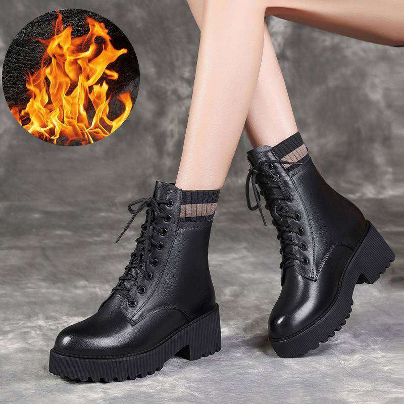 Ảnh thật - Giày boot nữ cổ len siêu hot cao 4.5cm khóa kéo kết hợp cột dây cá tính B153