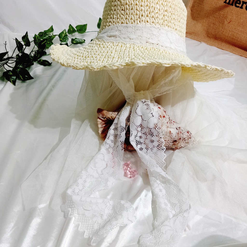 Nón cói,mũ cói nữ mềm nơ ren tiểu thư hàng nhập cao cấp thắt được 2 kiểu_ren trắng 2 kiểu