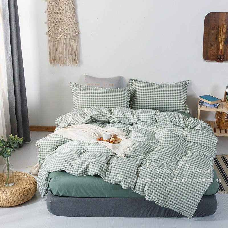 BỘ CHĂN GA GỐI COTON POLY MẪU CARO XANH LÁ SIÊU XINH, GA GIƯỜNG ĐẸP
