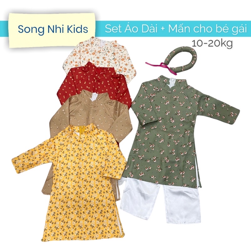 Set Áo dài hoa nhí, quần, mấn cho bé gái 10-20kg (Mặc Tết, cưới hỏi, lễ hội, đi chơi)