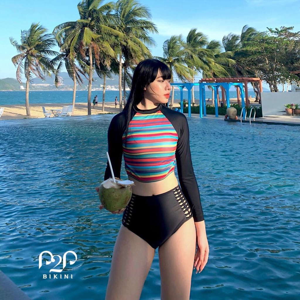 P2P BIKINI - Áo bơi tay dài cut out phối đai cài ngang eo  - CROPTDM