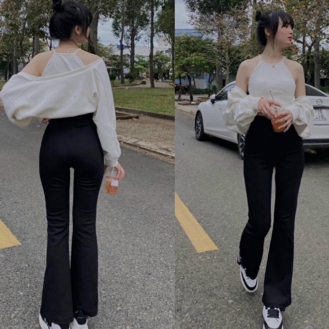 Quần ống loe cạp cao legging hack dáng dài chất vải co giãn màu đen trơn mềm Quần ống loe rộng gấu ôm đùi đi học công sở