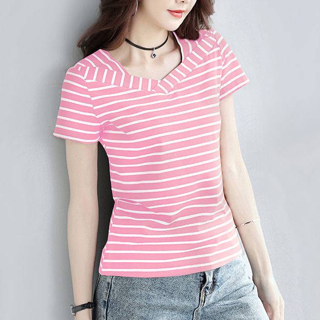 Áo Thun Tay Ngắn Cổ Chữ V Họa Tiết Kẻ Sọc Dễ Phối Đồ Thời Trang Cho Phụ Nữ Trung Niên