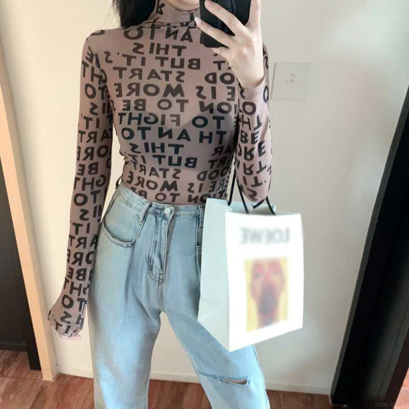 Áo thun tay dài phối lưới hoạ tiết chữ cho phái nữ