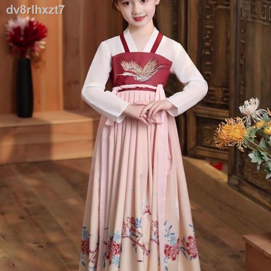 ℡❁Trẻ em mùa xuân và hè Cô gái Hanfu Phong cách Trung Quốc cổ đại tích mặc váy dưới màu đỏ Tang phù hợp với học sinh